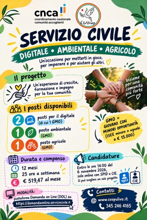 APERTE LE DOMANDE DI SERVIZIO CIVILE  DIGITALE-AMBIENTALE-AGRICOLO 2026/2027