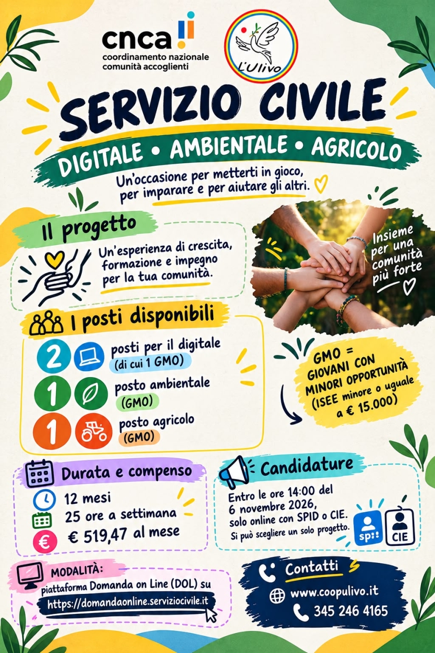 APERTE LE DOMANDE DI SERVIZIO CIVILE  DIGITALE-AMBIENTALE-AGRICOLO 2026/2027
